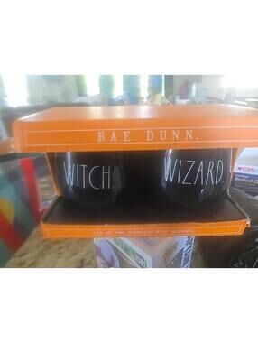 Rae Dunn Witch Wizard Halloween Black Stemless Wine Glass Gift Set 2 Rare New